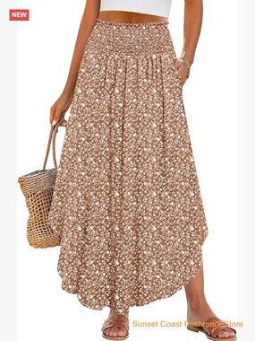 Women's Maxi Skirts High Waisted Flowy Swing Pleated Beach Long Skirt With